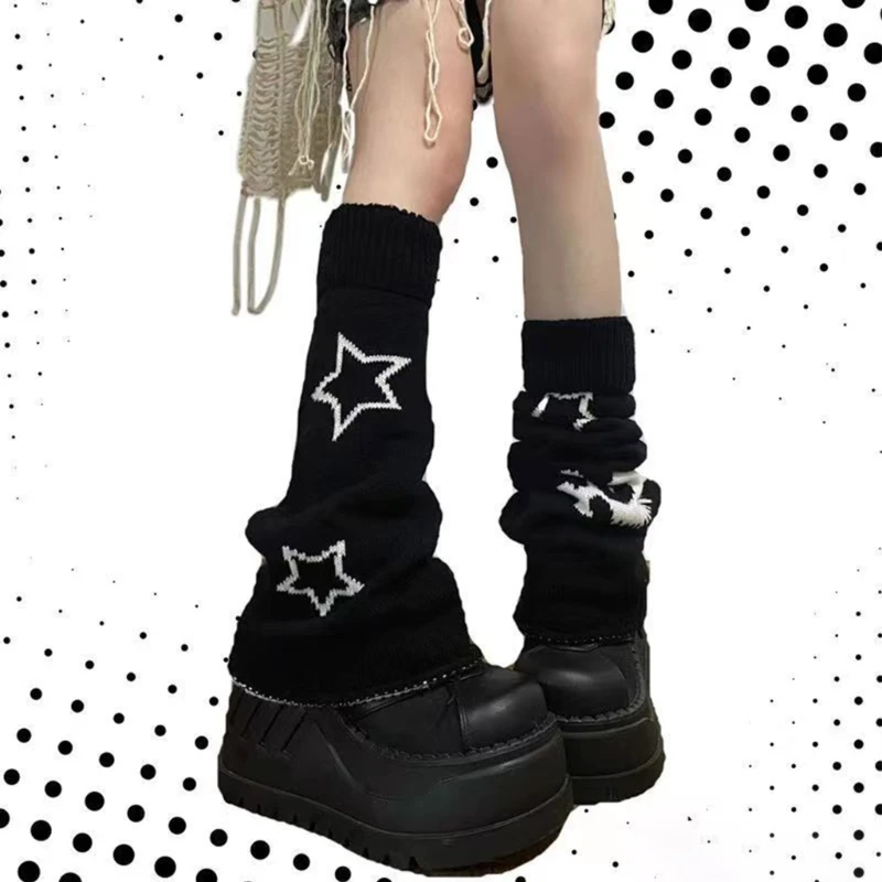 Winter Autumn Knit Leg Warmer Gothic Punk Reversible Star Skeleton Jacquard Foot Covers Flared Knee High Socks for Women