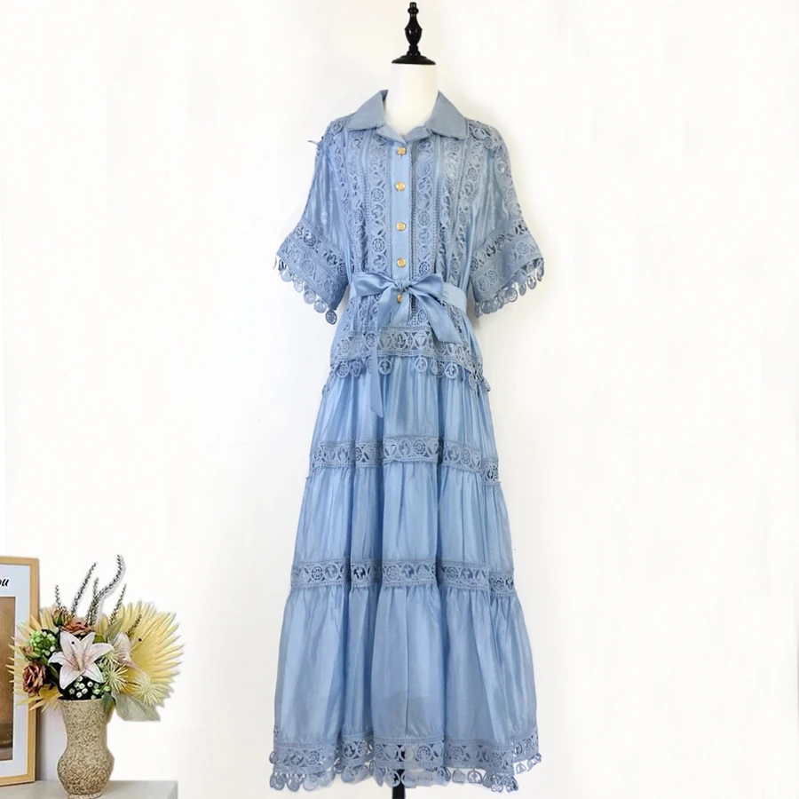 Luxury Long Maxi Dresses Shirt Women Summer Holiday Embroidery Crochet Hollow Out Evening Party Vestidos Loose Elegant Robe