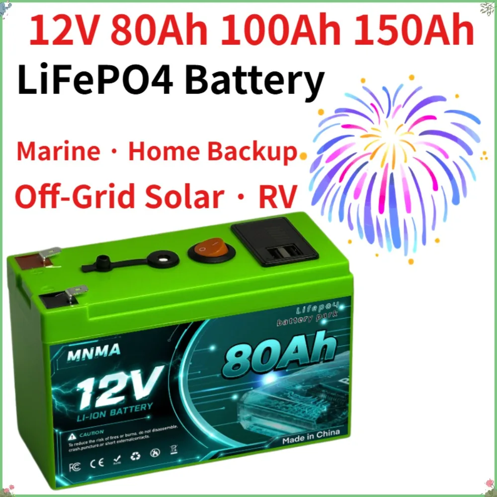12V 150Ah LiFePO4 Battery 1920Wh Deep Cycle Lithium Built-in BMS for Off-Grid Solar RV Marine Boat Home Backup Power
