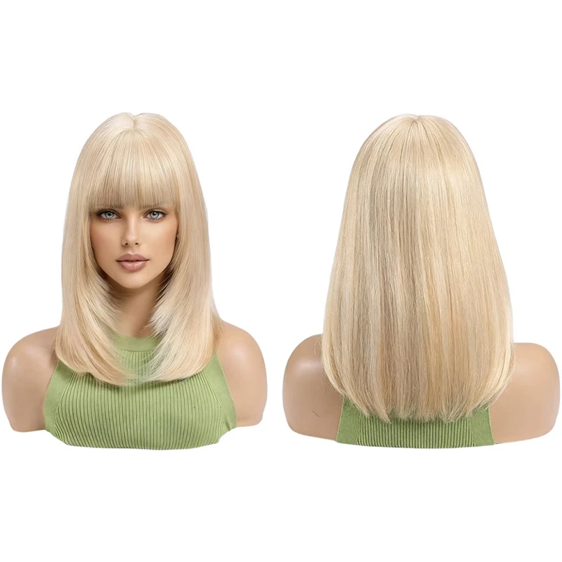 #613 Milk Blonde Straight Bob Wig with Bangs Soft Natural Shoulder Length Heat Resistant Wig For Women Daily Party Cosplay Use