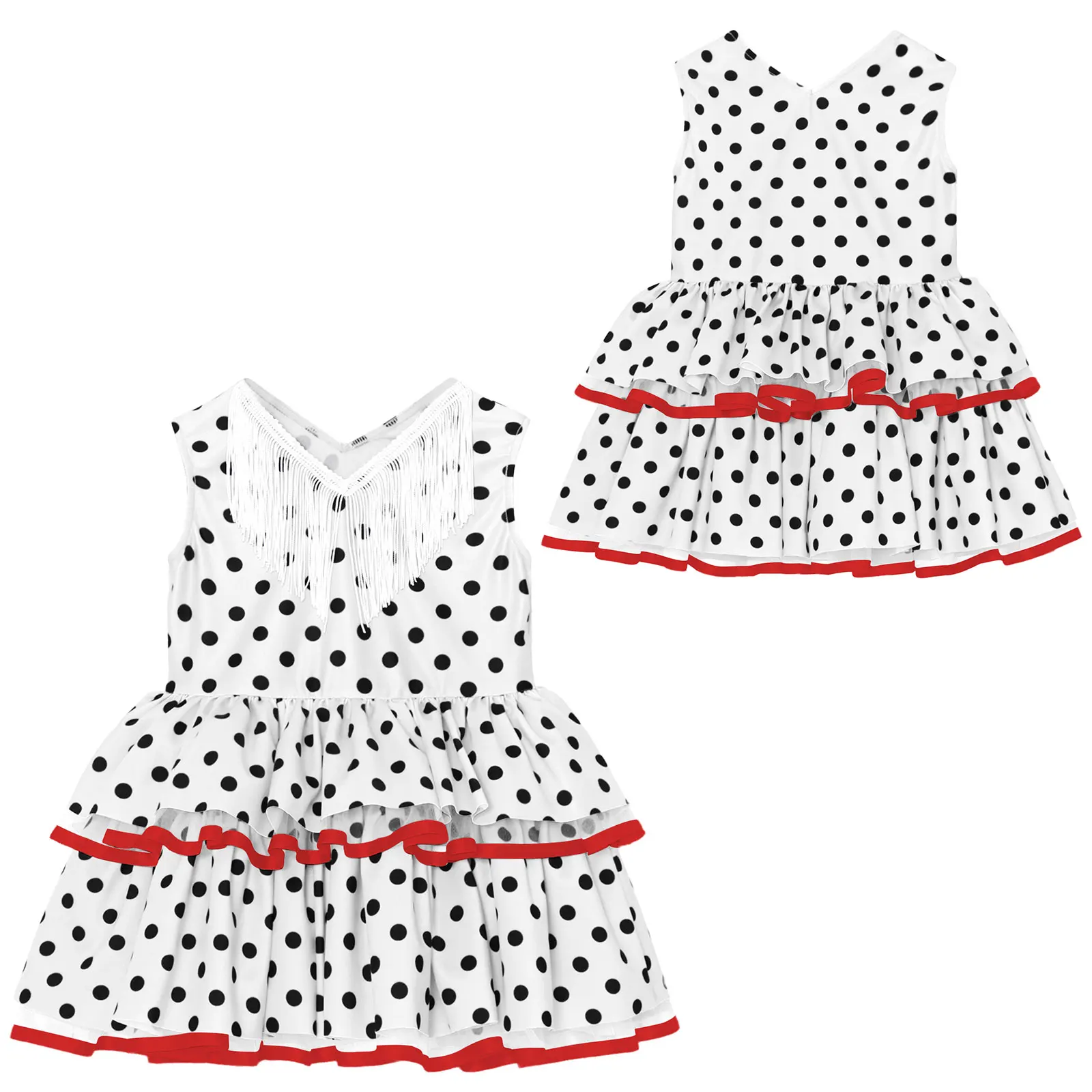 6M-5 Girls Flamenco Costume Spanish Polka Dot Cake Dress Cute V-neck Tassel Mesh Layered Spain Dance Party Performance Gown