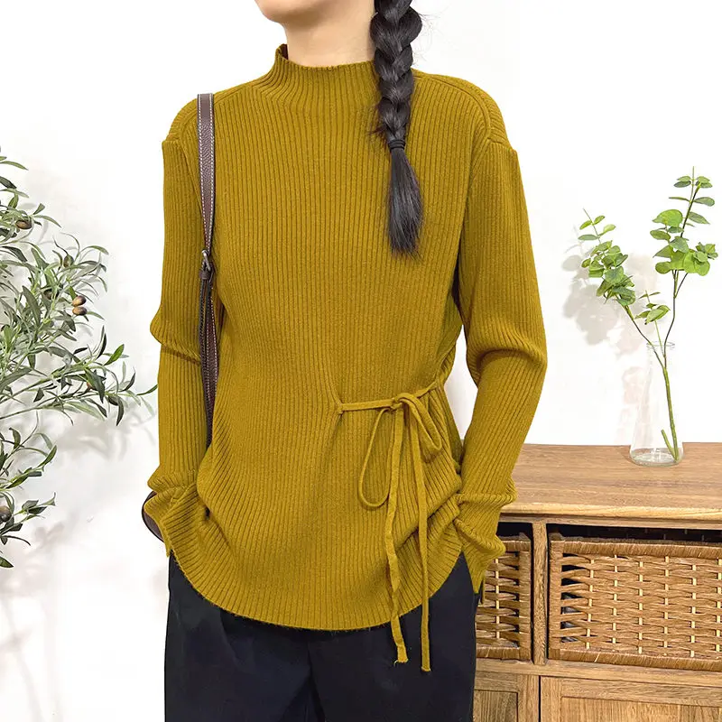 

Semi-High Neck Sweater Women's Spring Autumn Solid Color Loose Versatile Drawcord Design Bottom Knit Top Casual Pullover Z074