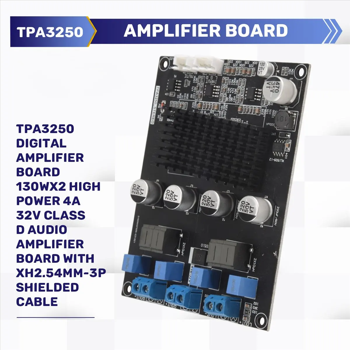 T28C TPA3250 Digital Amplifier Board 130Wx2 High Power 4A 32V Class D Audio Amplifier Board with XH2.54mm-3P Shielded Cable view 6