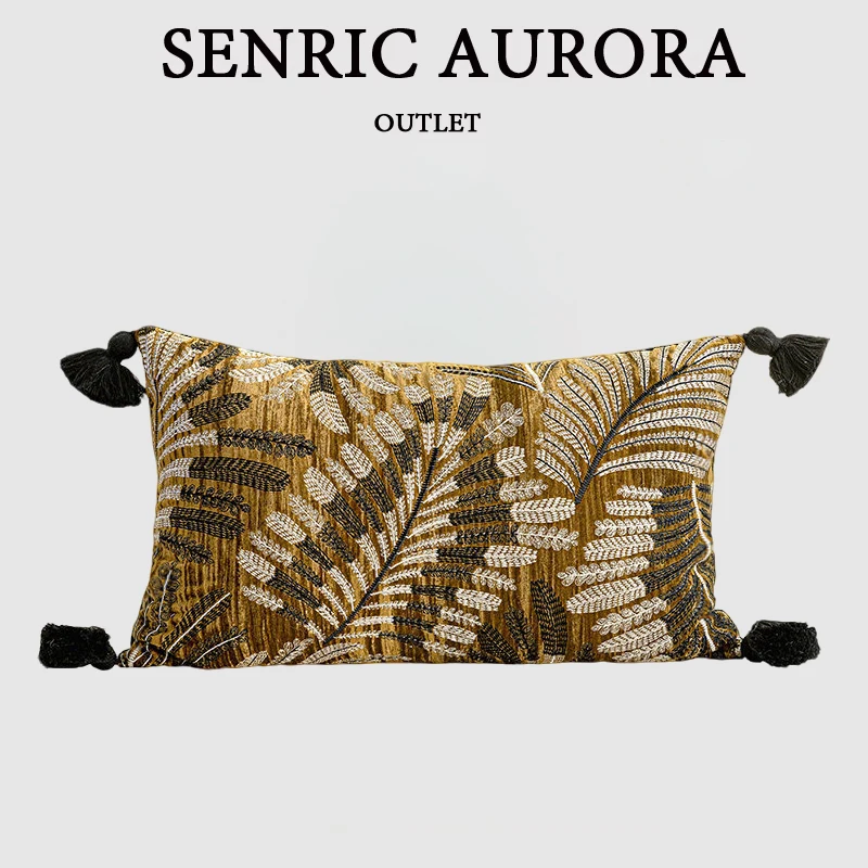 Design Luxury Cushion Cover 45x45 30x50cm Gold Base Broadleaf Embroidered Square Pillowcase For Home Hotel Bed Living Room Sofa