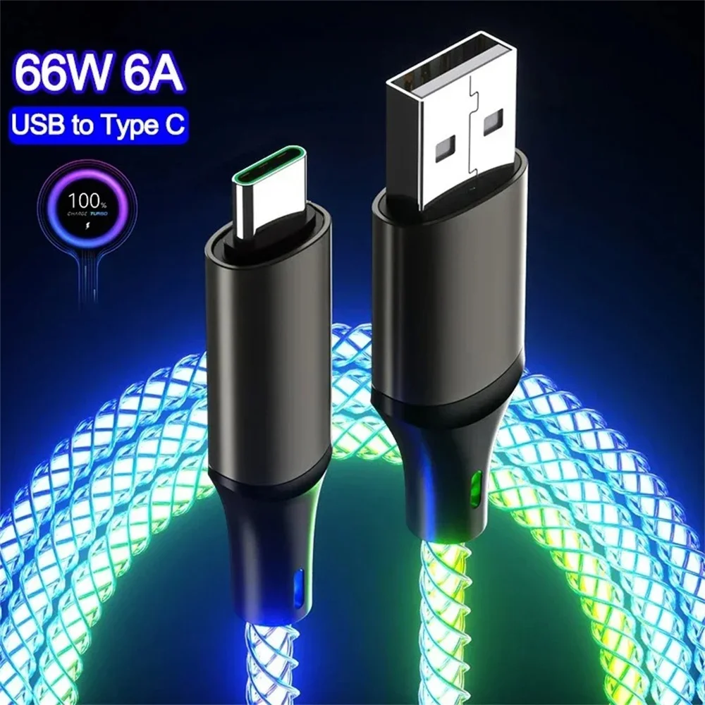 RGB 6A Super Fast Charging Date Cable Flow Colorful Streamer Glowing Line For Huawei Xiaomi USB C Cable For iPhone 6-14 Series