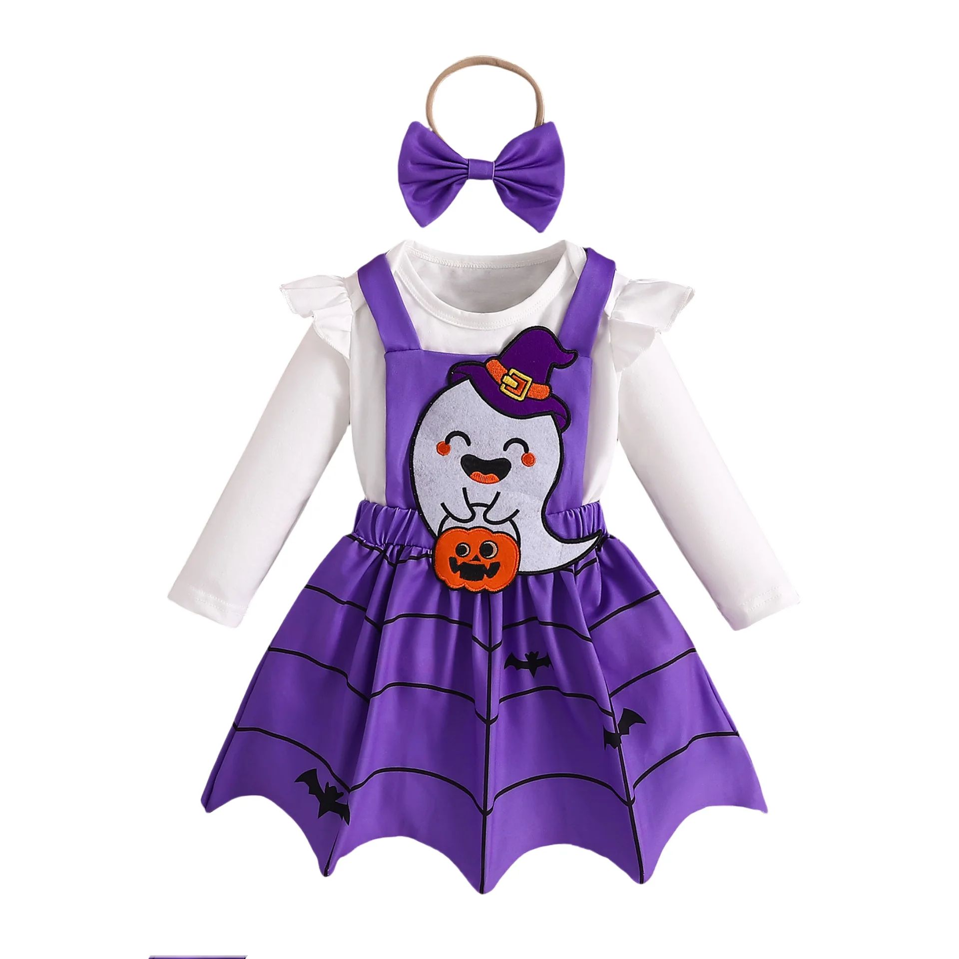 

MINISO Ghost Halloween Girl Outfit Autumn 3-Piece Set Long Sleeve Romper Embroidery Strap Dress Headband Holiday Wear 1-3 Years