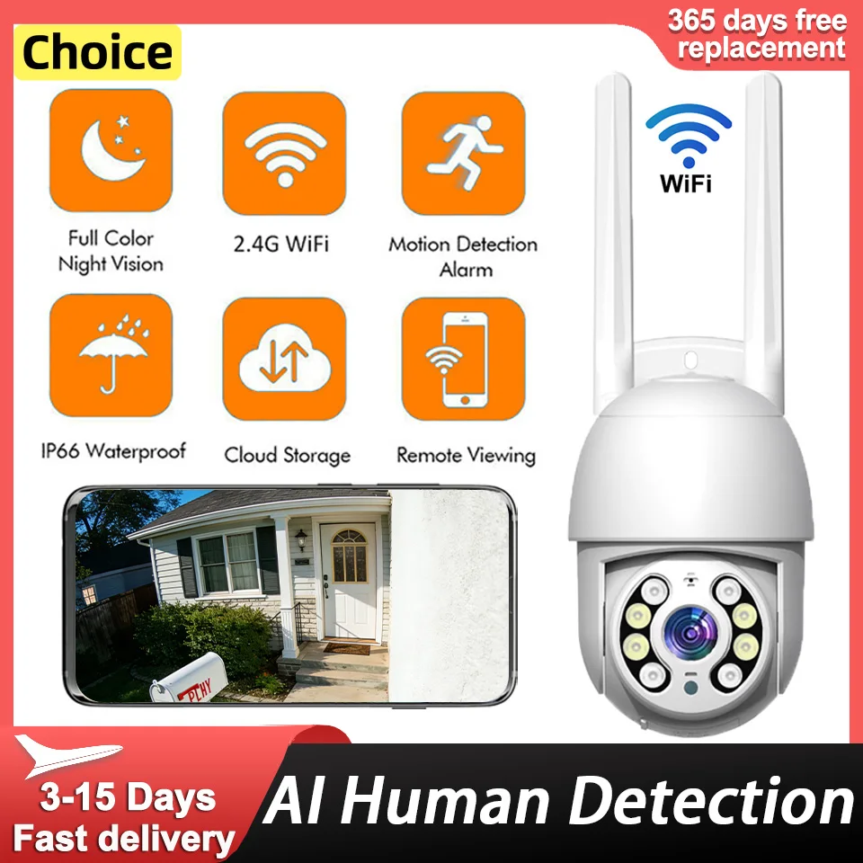 

Wireless IP Wifi Camera 5MP H.265 Auto Tracking with 4x Digital Zoom AI Human Detection Dual Light Source