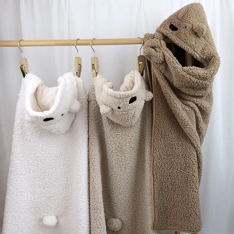 Bear Hooded Shawl Fleece Blanket Winter Bear Cloak Warm Blanket For Office Bedroom Living Room Wearable Soft Cute Blankets