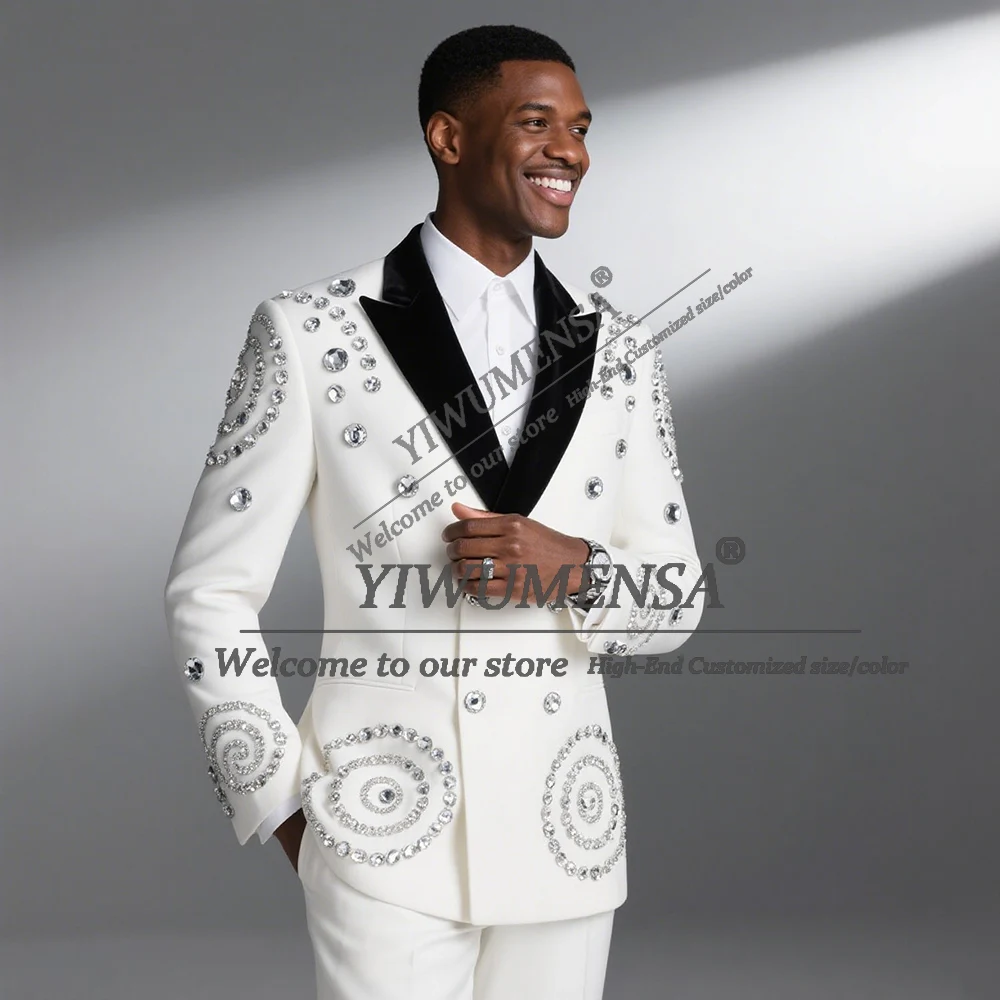 

Luxury Beaded Stones Wedding Suits For Men 2 Pieces Sets Black Peaked Lapel Prom Blazers Customized Man Banquet Party Tuxedos