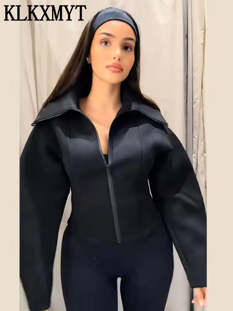 KLKXMYT Women's Lapel Zipper Jacket Elegant Long Sleeve Waist Slim Cropped Coat Women 2026 Autumn Chic Casual Street Outerwear ﻿