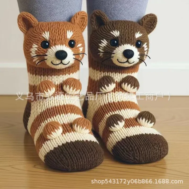 Calcetines de animales de punto 3D, bonitos y acogedores, gruesos y cálidos, orejas 3D para mujeres, adolescentes, niños, hogar, regalo de vacaciones de invierno, medias de Navidad