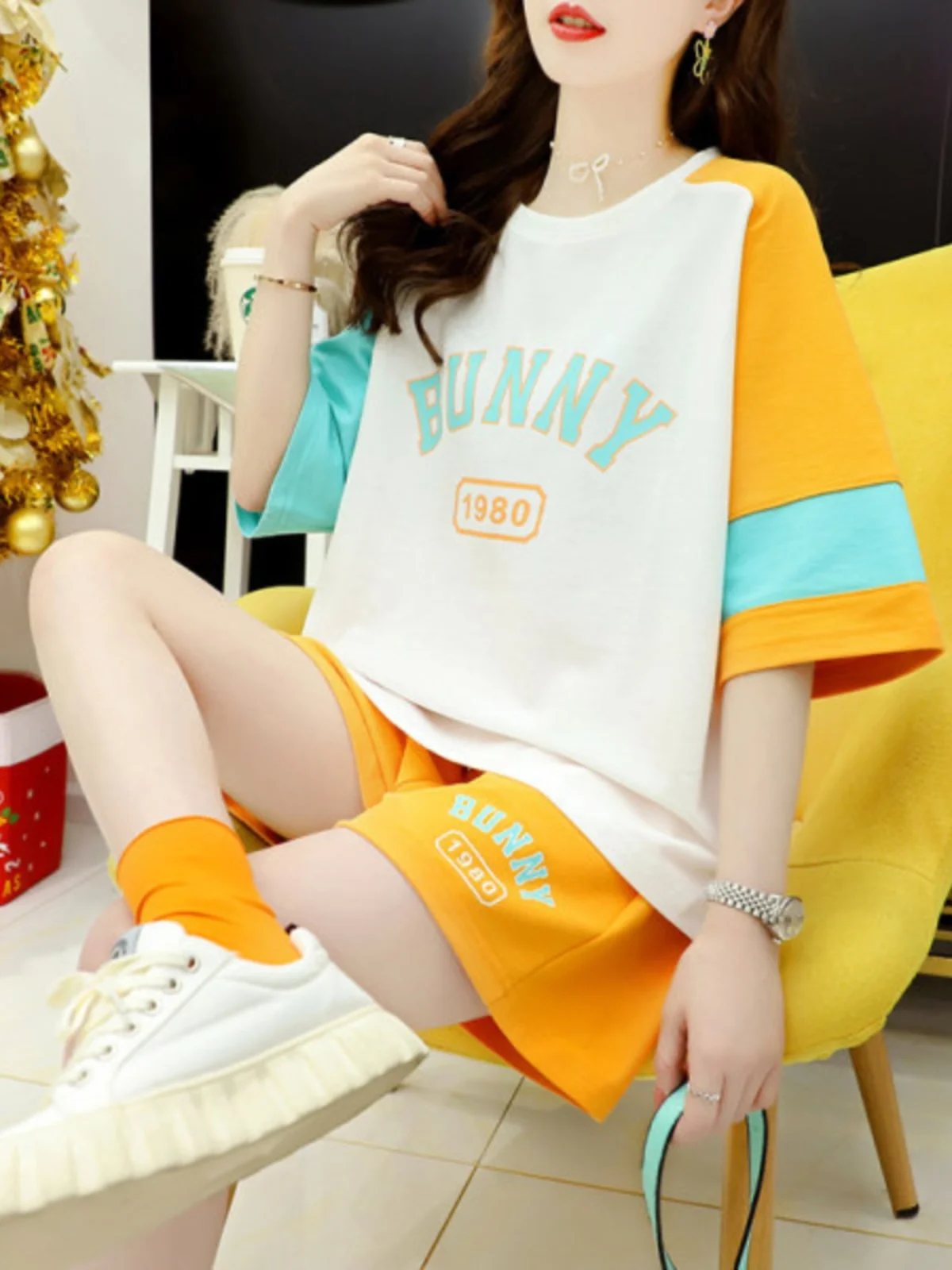 Women's Summer Cotton Short Sleeve Shorts Set Loose Fit Color Block Two Piece Casual Sportswear round Neck Pullover