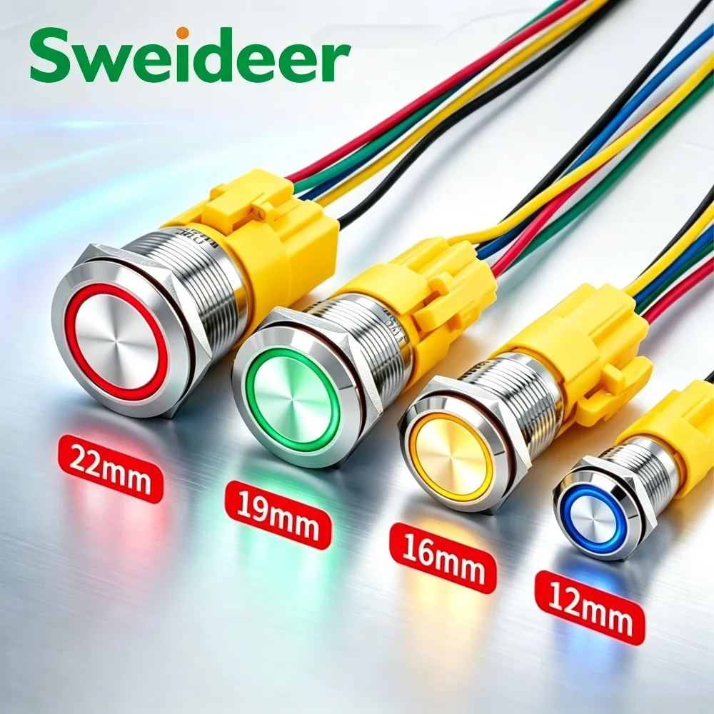 12-22mm Waterproof Metal Button with Wiring Plug Self-locking Self Resetting Car Equipment Modification Start Switch