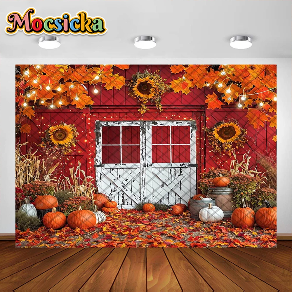 Autumn Photography Background Maple Leaf Pumpkin Warehouse Wooden Door Decoration Kids Fall Photo Portrait For Studio Props