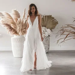 Sexy Deep V Neck Women Formal Dresses Lace Backless Sleeveless White Dress Fashion Party Beach Elegant Banquet Bridal Clothing