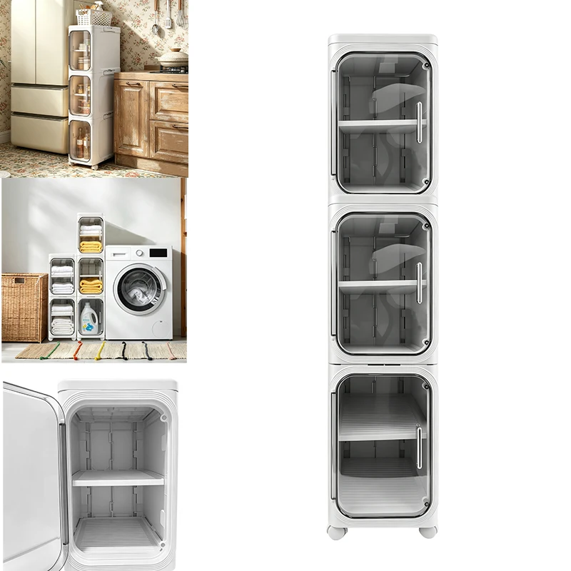 Schmaler 3-stufiger Schrank, transparente Magnettür, stapelbar, Rollen, herausnehmbare Böden. Standregal für Lücke Bad/Küche. Wasserdicht, feuchtigkeitsbeständig, staubdicht. Einfache Montage
