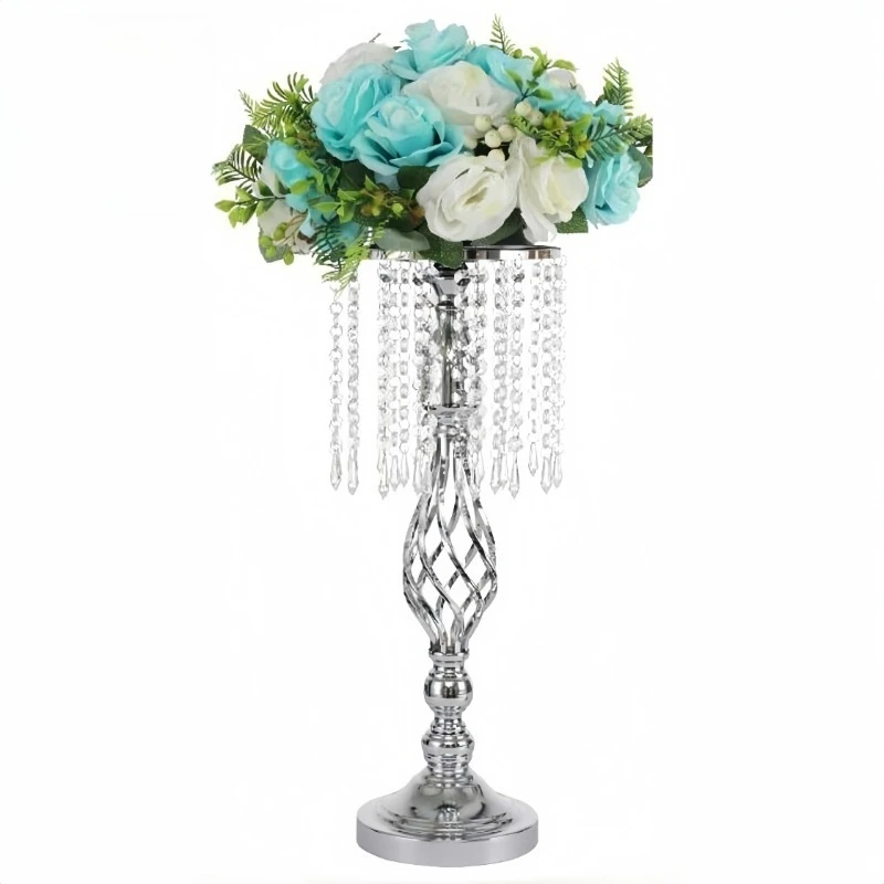 Tall gold metal flower stand with hanging crystal wedding table Valentine's Day ornament