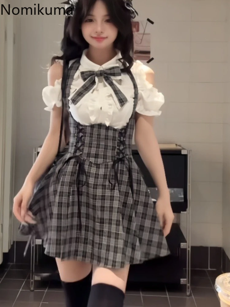

Women Clothing 2025 Two Piece Set Hollow Out Puff Sleeve Bow White Blouse Bandage A-line Strap Dress Outfits Sweet Summer Suit