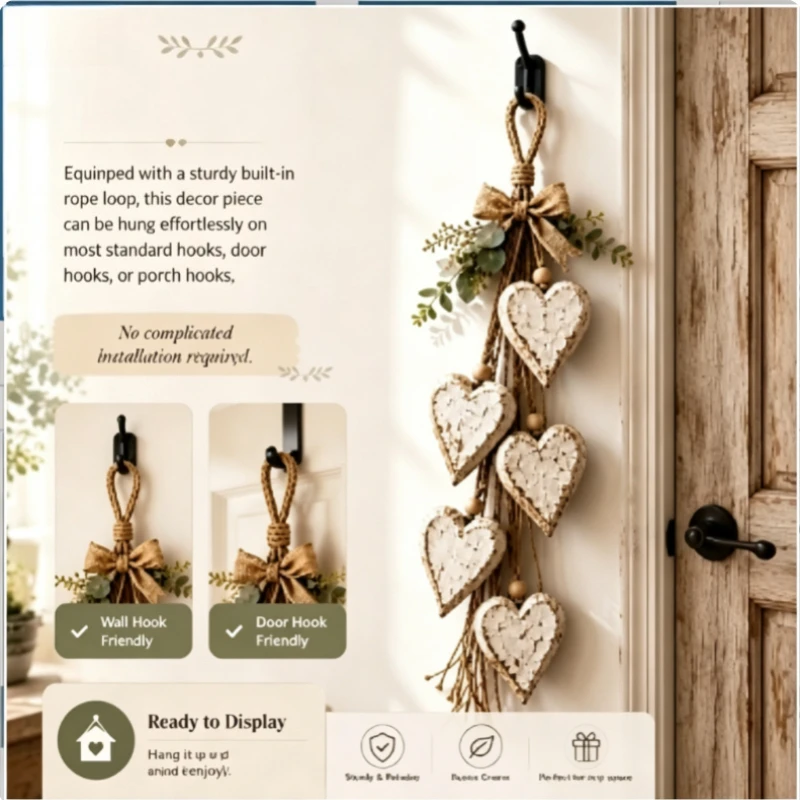 New Hanging Heart Wooden Wall Ornament – Festive Atmosphere Home Decor for Holiday Display Arrangement