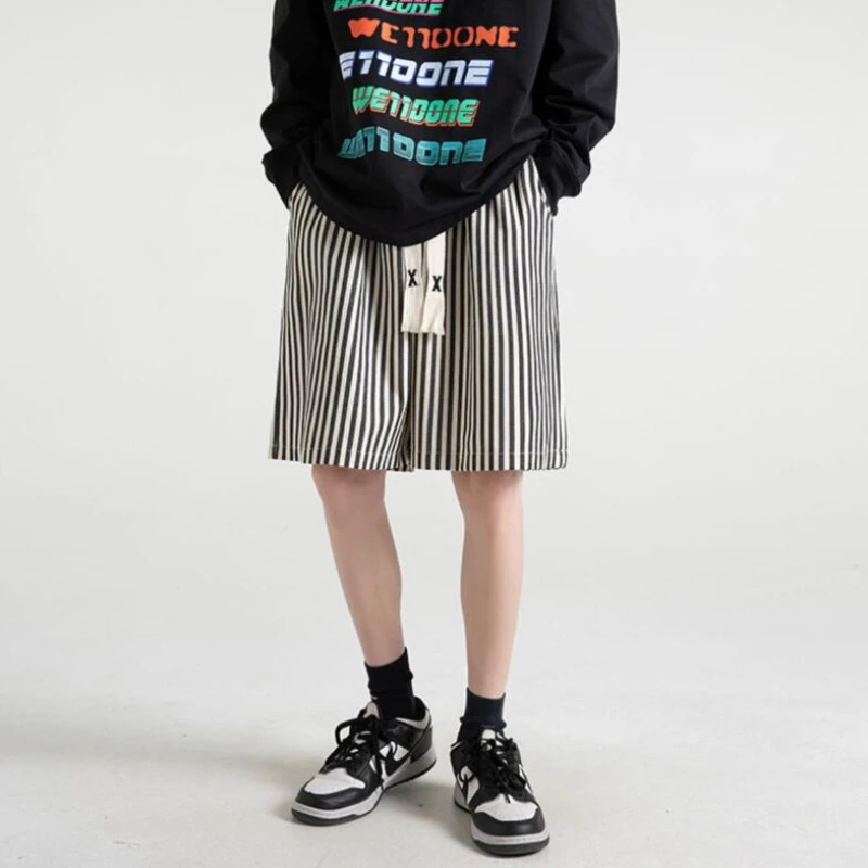 Striped Shorts Men Slouchy Summer Cozy Baggy Handsome Casual Home Temperament All-match Hipster Normcore Classic Fashion Stylish