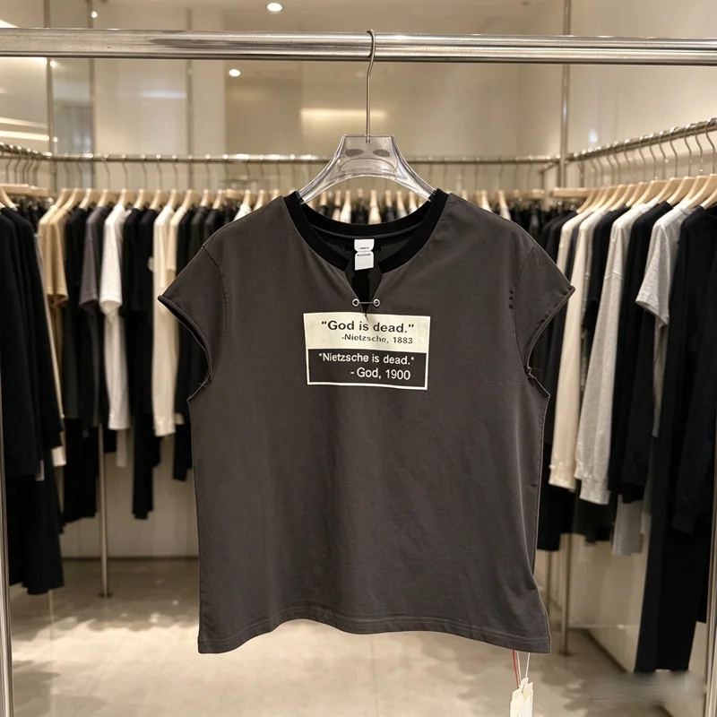 PROTOCOL INDEX Tear Neck Paper Clip Cut Sleeve Tank Tops T Shirt Men Women Streetwear Washed Black White Loose T-shirt Tee Vest