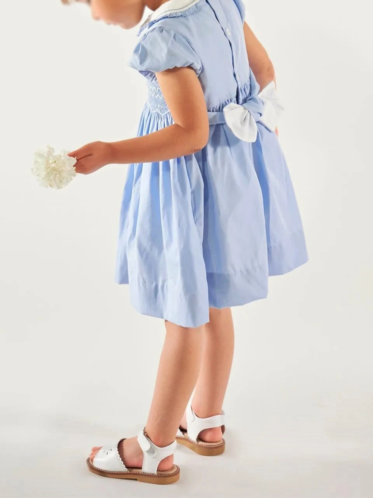 Summer Girl Handmade Embroidered Flower Blue White Smoked Dress  for Casual Party Birthday Wedding Photography 472