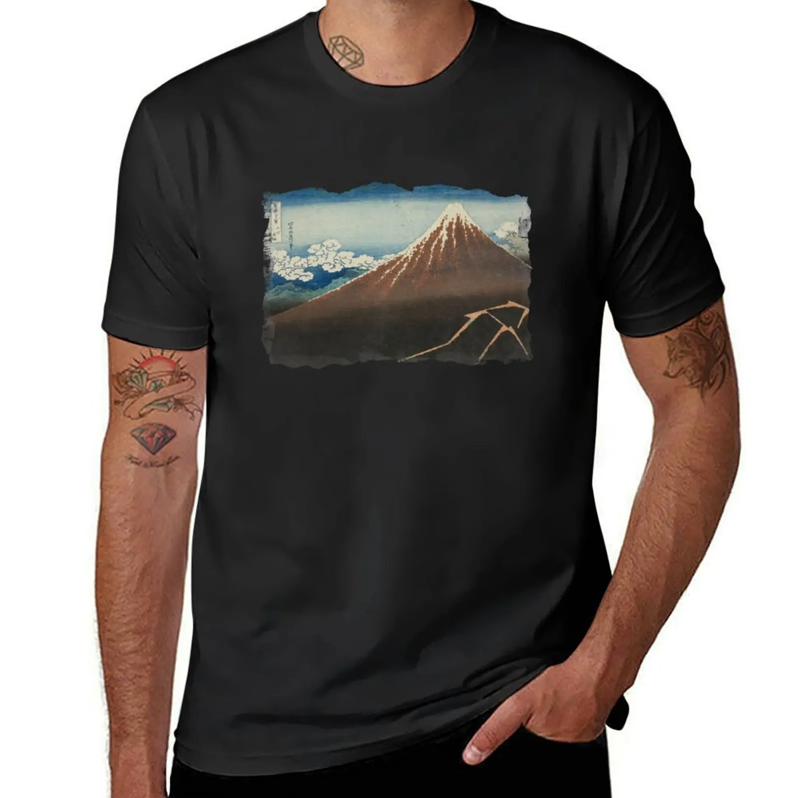 Hokusai 'Shower Below The Summit' Japanese Art Distressed Look T-Shirt blacks oversized plus size tops Men's cotton t-shirt