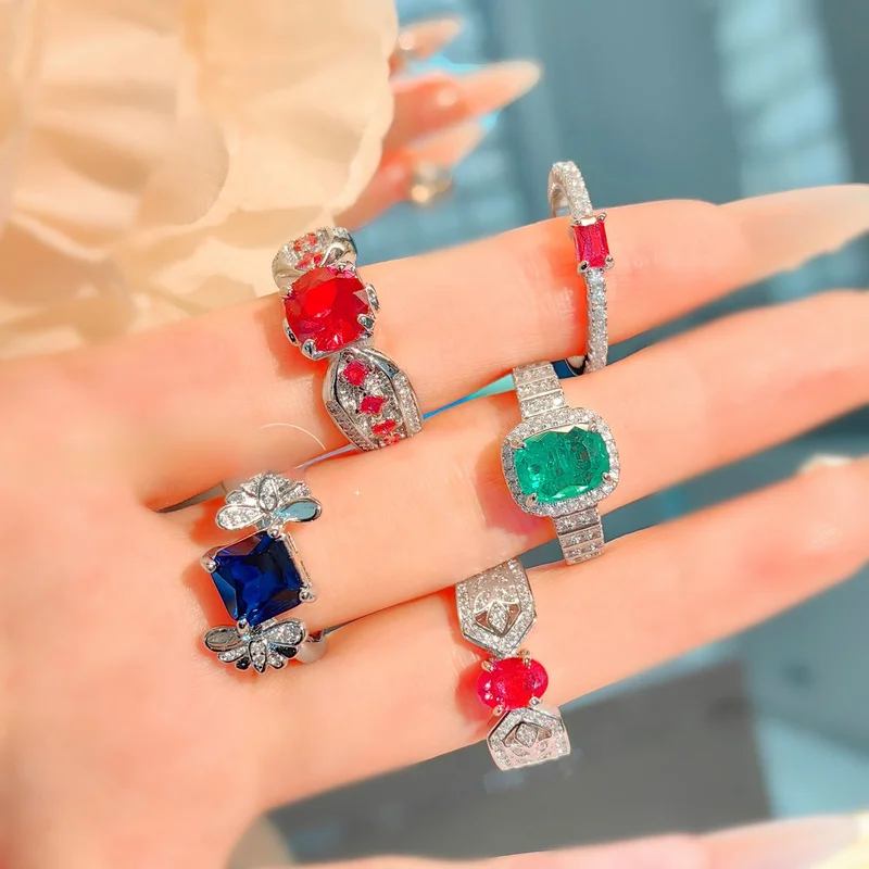Fashion Red Ruby Ring, French-style Emerald, Simple Blue Cut Crystal, Women's Jewelry Ring
