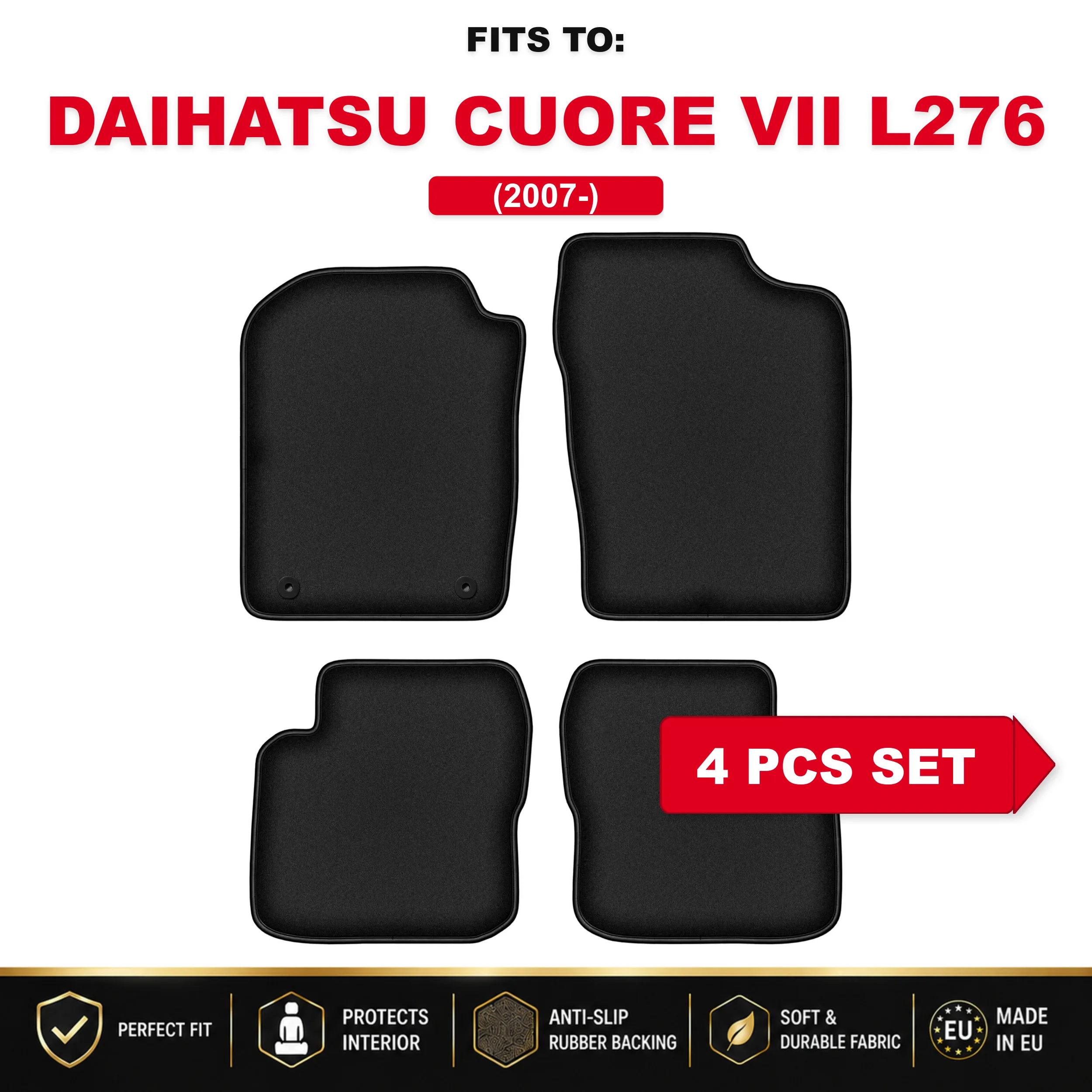 Zwarte velours vloermatten, 4 stuks Voor: Daihatsu Cuore VII L276 2007-Car Fit Hatchback Automattenset