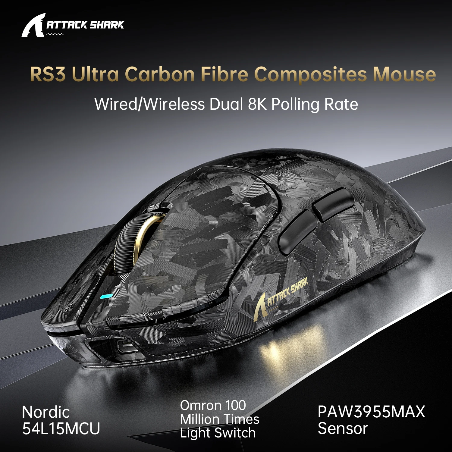 ATTACK SHARK RS3 Ultra Carbon Fiber Gaming Mouse 69g Lightweight Tri-Mode Wireless PAW3955MAX Sensor 8000Hz Polling Rate