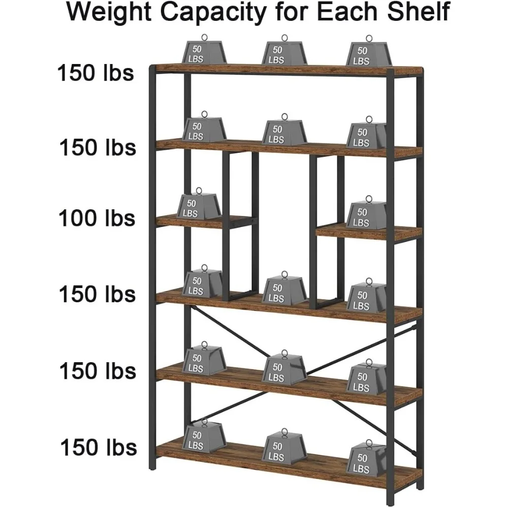 رف تخزين رف كتب عمودي من المعدن والخشب الصناعي مكون من 6 طبقات، خزانة كتب ريفية تعرض Etagere للمكتب المنزلي #4