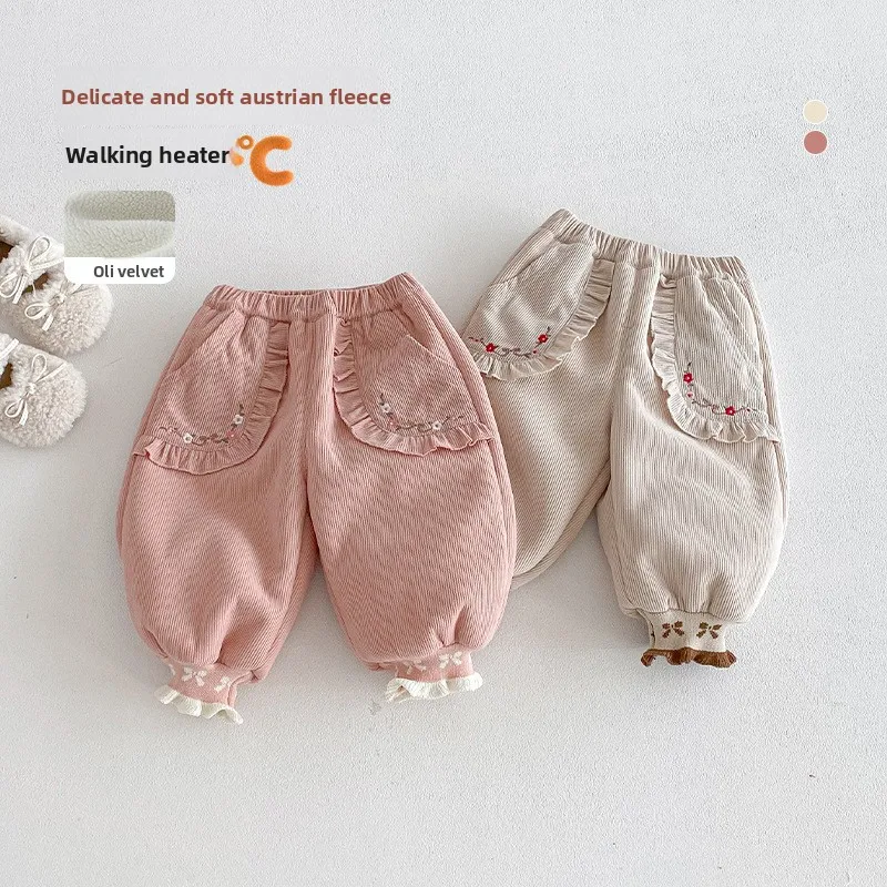 

Girls Velvet Drawstring Pants 2025 New Winter Baby Korean Embroidered Casual Pants Children's Thick Western-style Sanitary Pants