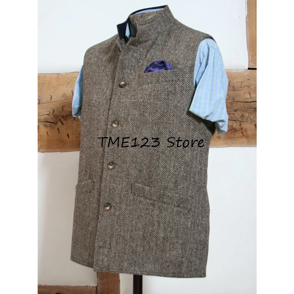 

Мужской жилет, винтажный тканевый жилет с узором «елочка», летний рабочий жилет с воротником-стойкой, однобортный модный костюм, жилеты, рабочий повседневный мужской жилет