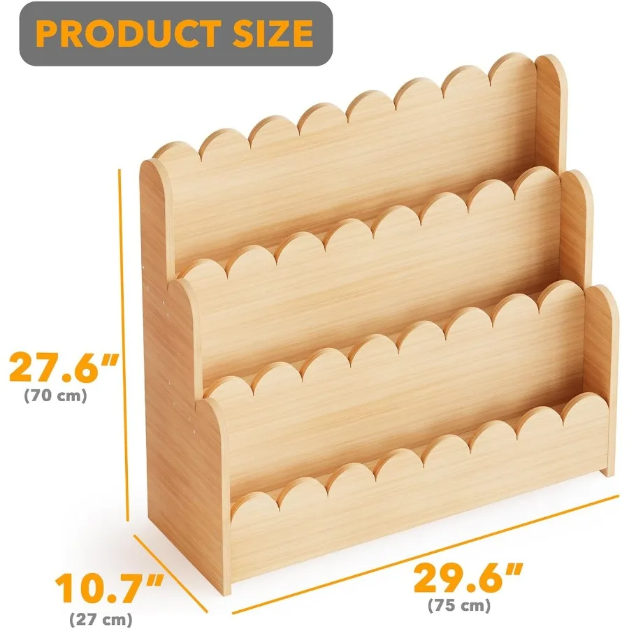 3Tier Scalloped Wooden Bookshelf with Natural Finish for Toddlers and MontessoriInspired Bookcase Organizer for Playrooms Nurse