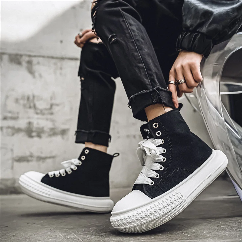 Fashionable Men's High-top Canvas Shoes Casual Platform Sneakers Men Lace-up Black Vulcanized Shoes Men Trendy Flats Espadrilles