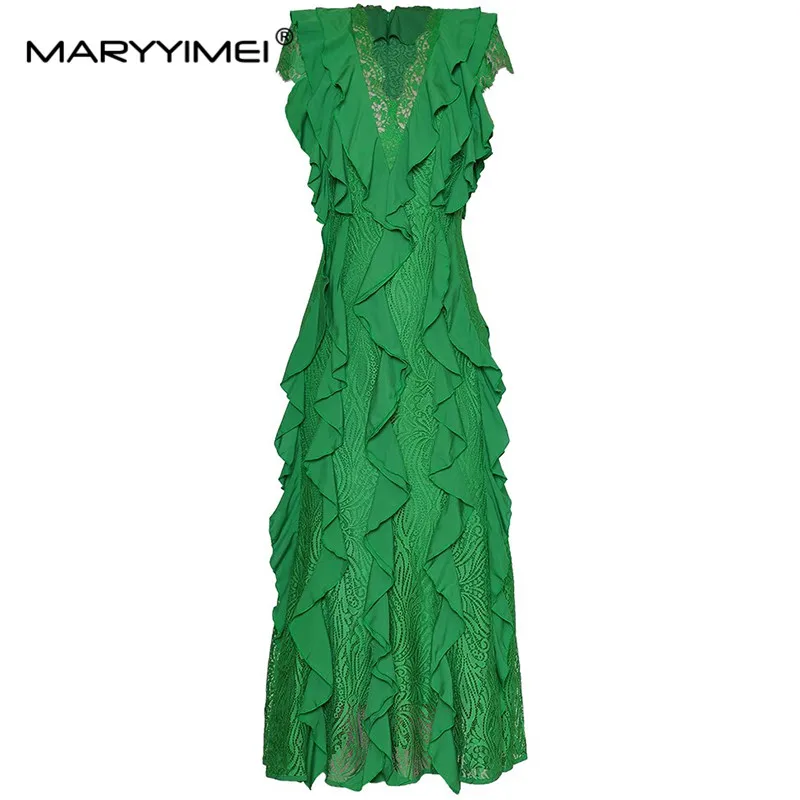 

MARYYIMEI Fashion Women's New V-Neck Short-Sleeved Lace Patchwork High-Waisted Flounced Edge Vintage Ball Gown Maxi Dress