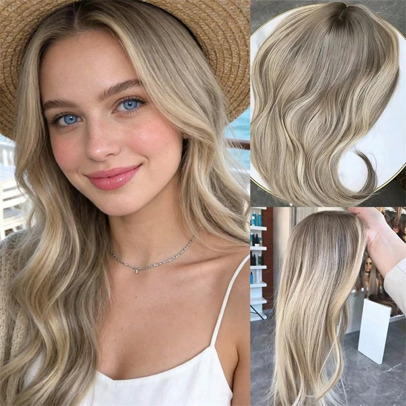 

Mixed Ash And Platinum Blonde Body Wave Synthetic Lace Front Wig Dark Roots With Preplucked Realistic Hairline Wig For Women