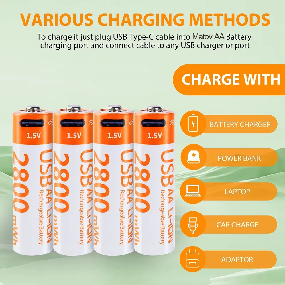 

1.5V 2800mWh AA Rechargeable Battery USB Type-C Rechargeable aa Li-ion Battery for Remote Control Electric Toys Mouse