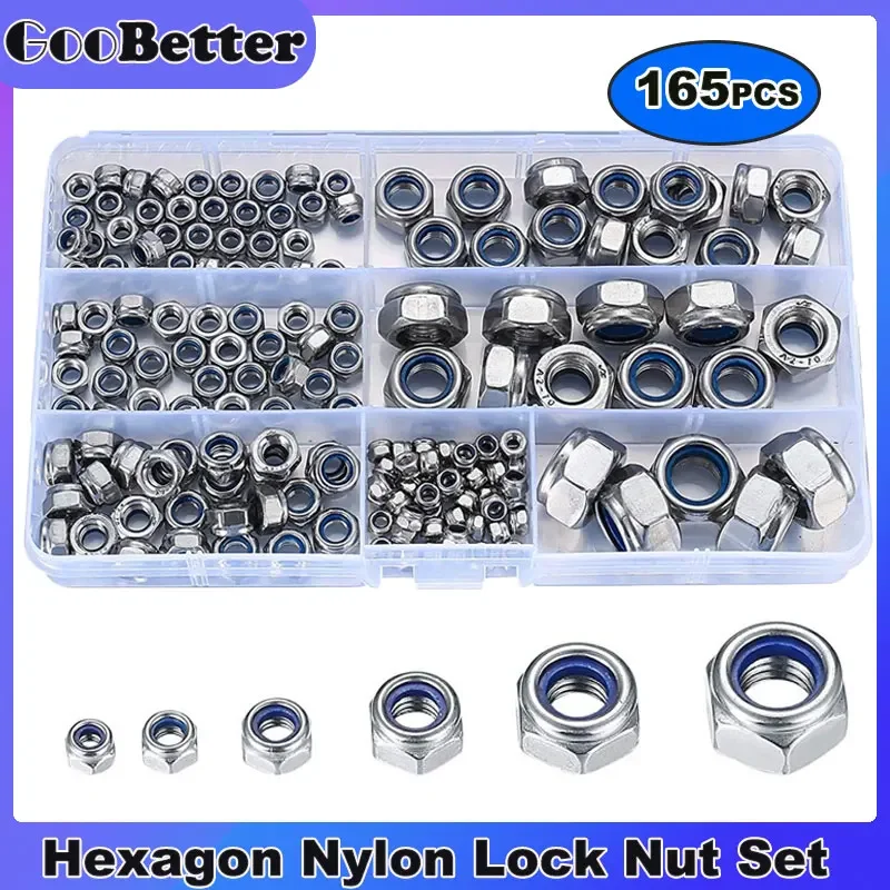 

165Pcs Nylon Lock Nut Set M4 M5 M6 M8 M10 M12 304 Stainless Steel Hexagon Locknut Self Locking Insert Nut Assortment Tools Kit