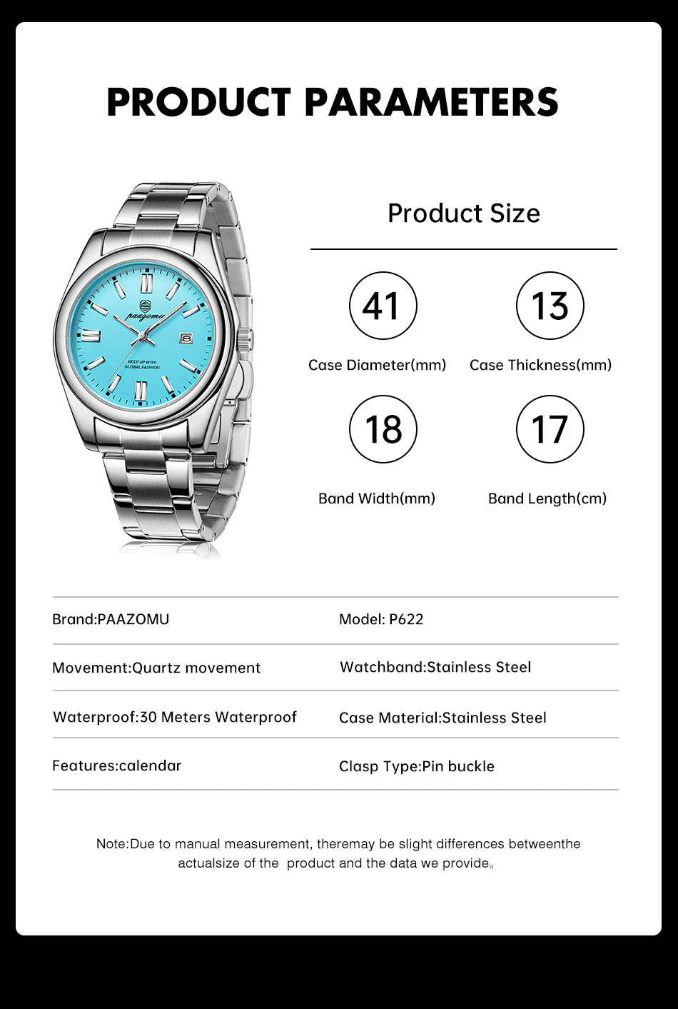 PAAZOMU Herren Luxus-Armbanduhr Wasserdicht Leuchtend mit Datumsanzeige Edelstahl Männeruhr Sport Mode Herren Quarzuhren – Detail 6