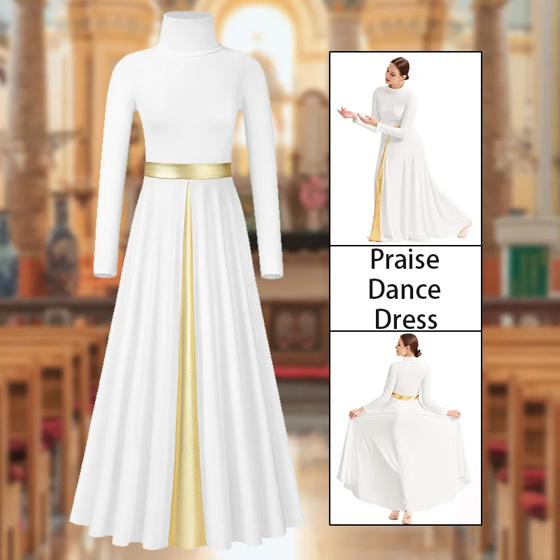 فستان رقص حديث مدح برقبة عالية وأكمام طويلة للنساء والفتيات ملابس رقص فضفاضة مناسبة لعبادة الكنيسة المعدنية الليتورجية