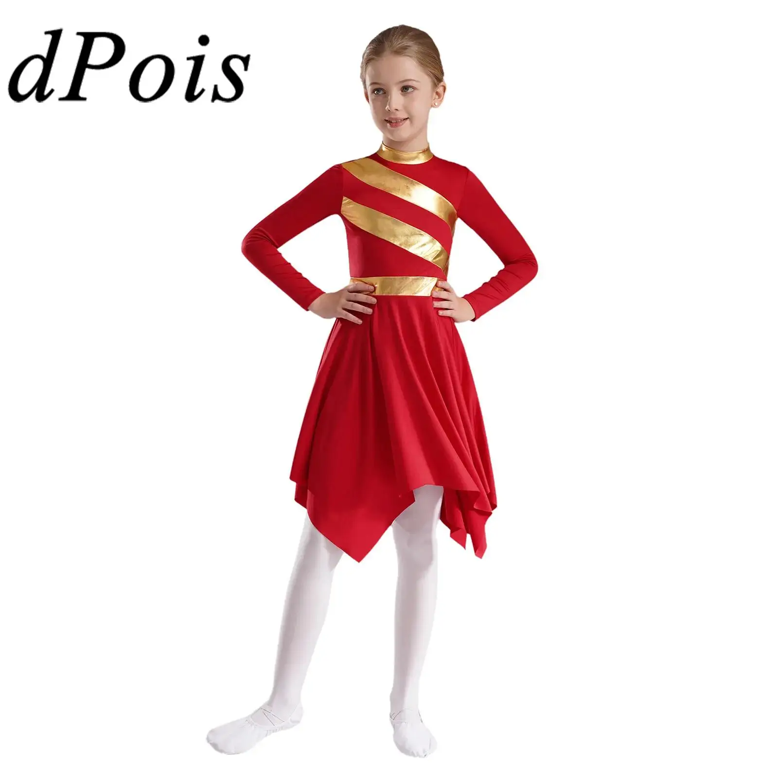 

Kids Girls Praise Dance Dresses Metallic Patchwork Long Sleeve Asymmetrical Hem Lyrical Choir Liturgical Dress Worship Dancewear