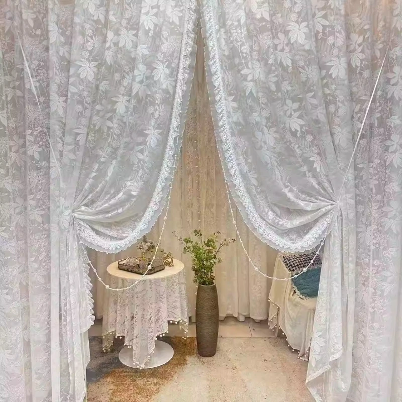 Custom Size Cream French Lace Gauze Decorative Curtains and Screens Living Room Partition Bedroom Atmosphere Curtains Bay Window