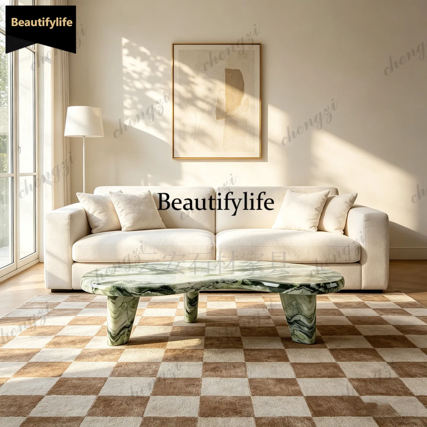 Nordic light luxury high-grade natural green marble special-shaped coffee table living room sofa, creative coffee table b567