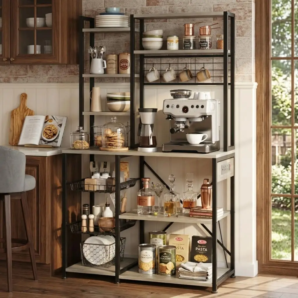 6-Tier Bakers Rack with Built-in Power Outlets, Microwave Stand with Wire Basket, Coffee Bar Station with 4 s-Hooks, Open Kitche