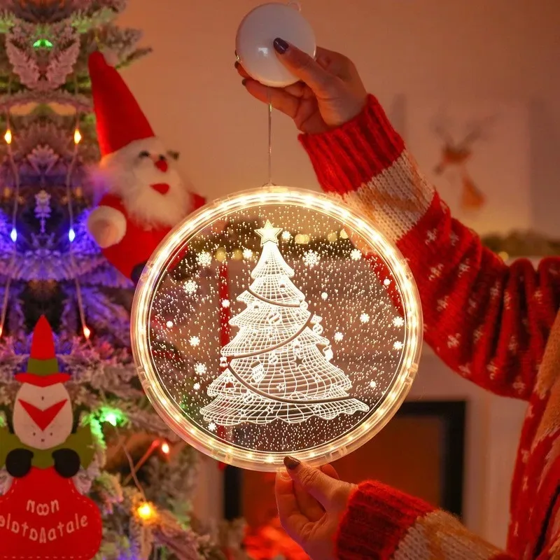 Battery Operated Acrylic Round LED Hanging Lights Santa Snowflake Shape Xmas Tree Window Home Christmas Ambient Decor Lamp