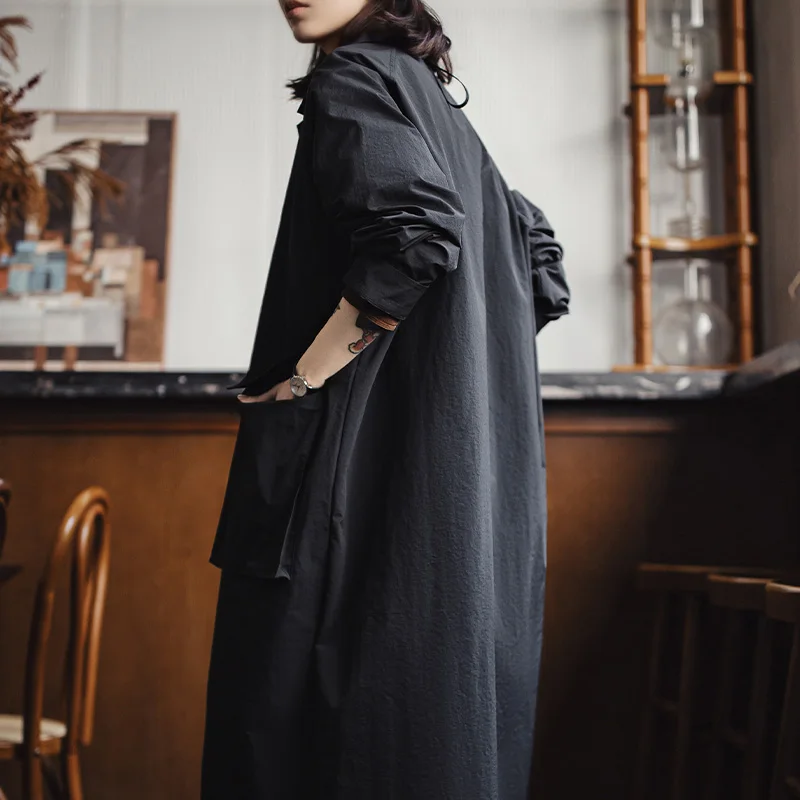 มาเดนเสื้อคลุมบาลมากาแอนสีดำของผู้หญิงคอปกกระดุมแถวเดียวความยาวปานกลางเสื้อกันลมสำหรับฤดูใบไม้ผลิและฤดูใบไม้ร่วงเสื้อโค้ทกันลม