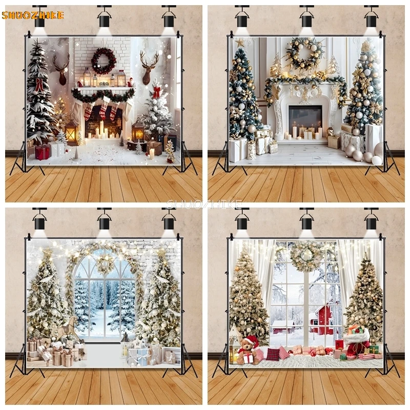 

Christmas Photography Backdrop Xmas Tree Fireplace Winter Window Wood Floor Gifts Family Party Decor Christmas Photo Backgrounds