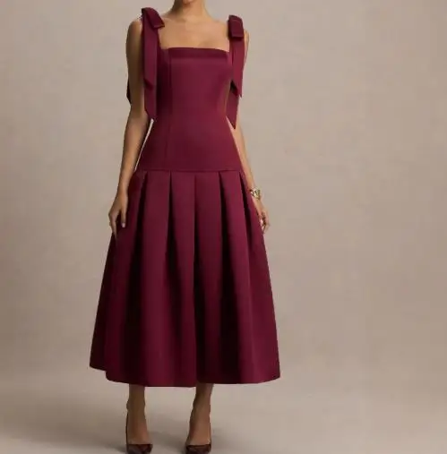 

Summer New Solid Color Square Collar Strap Bow Strap Sleeveless Strap Dress for Women, Elegant A-Line Slimming Sleeveless Dress