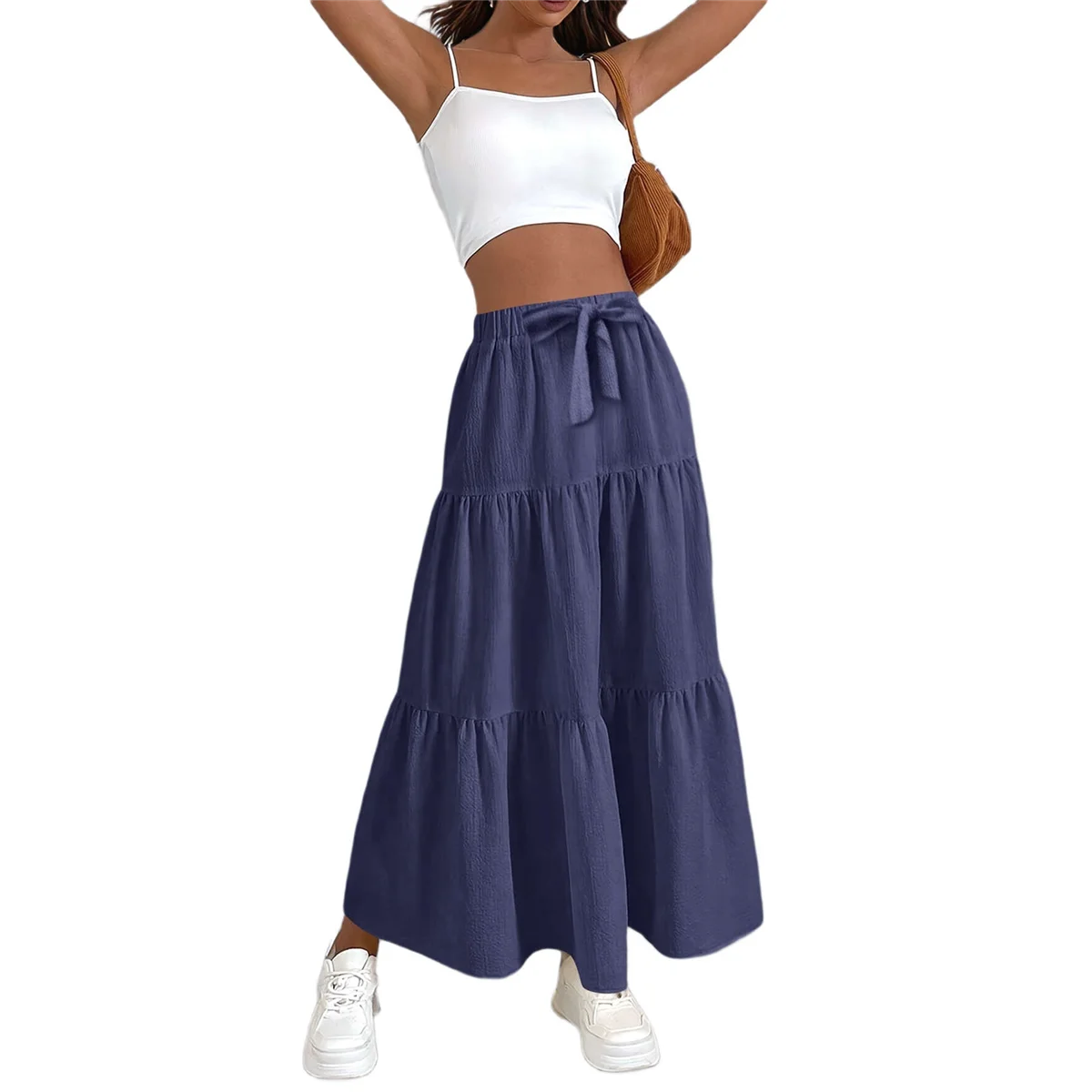 

Women High Waisted Flowy Tiered Linen Skirt Casual Pleated A-Line Beach Long Skirts with Tie Navy Blue S